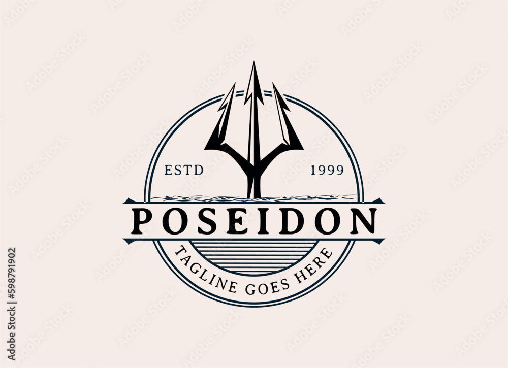 Trident Neptune God Poseidon Triton King Shiva Spear Label logo design ...