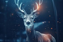 A Deer With Christmas Decoration In The Winter Forest. Generative Ai.