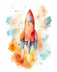 rocket kids two red ship blue tail yellow flame illustration space themed markets teal orange astronaut floating listing, generative ai