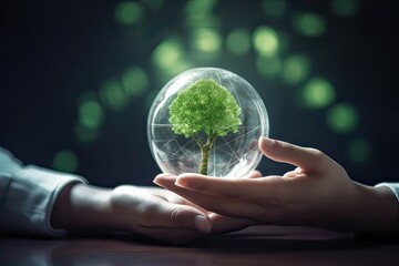 Sticker - Hands protecting globe of green tree on tropical nature summer background, Ecology and Environment concept. Generative Ai.