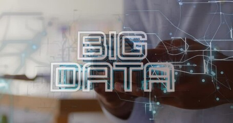 Poster - Animation of big data text banner against mid section of african american man using smartphone