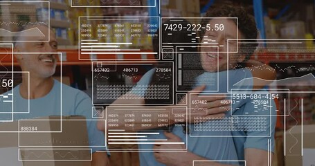 Poster - Animation of data processing over diverse male and female volunteers hugging each other at warehouse