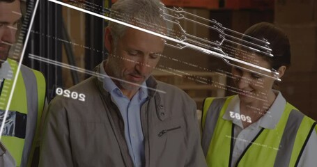 Poster - Animation of data processing over team of diverse workers and supervisor discussing at warehouse