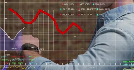 Poster - Animation of stock market data processing over mid section of caucasian man using smartwatch