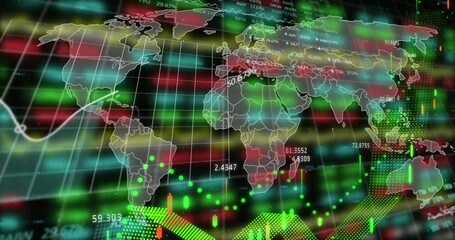 Poster - Animation of financial and stock market data processing over world map against black background