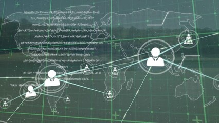 Poster - Animation of network of profile icons and data processing over world map against landscape