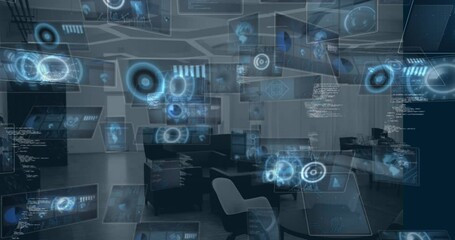 Poster - Animation of multiple round scanners and data processing against empty office