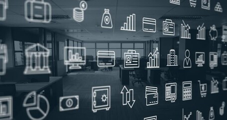 Poster - Animation of multiple digital icons moving against empty office