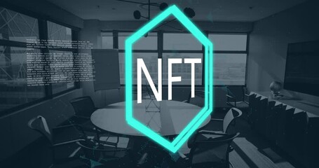 Poster - Animation of nft text over neon hexagonal banner and data processing against empty office