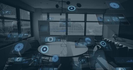 Poster - Animation of multiple round scanners and data processing against empty office