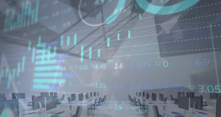Poster - Animation of statistical and stock market data processing over empty office against tall buildings