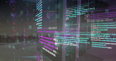 Poster - Animation of cyber security data processing over computer server room against view of cityscape