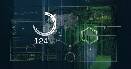 Poster - Animation of interface with data processing over spinning globe against computer server room