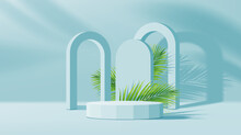Blue Arch And Podium With Palm Leaves. Exhibition Gallery Empty Stand, Cosmetics Product Presentation Mock Up Display Podium Or Studio Showroom Space Realistic Vector Background With Leaves Shadow