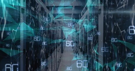 Poster - Animation of shapes and 6g texts over server room