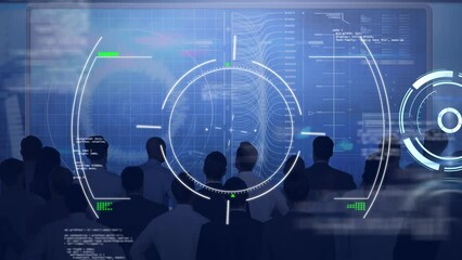 Poster - Animation of financial data processing and scope scanning over business people silhouettes