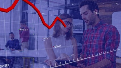 Poster - Animation of financial data processing over diverse business people using tablet