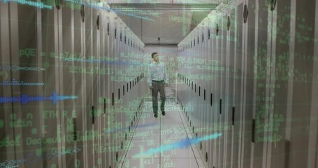 Poster - Animation of data processing against caucasian male engineer walking at computer server room