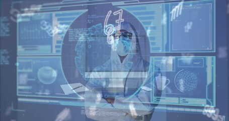 Poster - Animation of scientific data processing over caucasian male doctor in mask and ppe suit