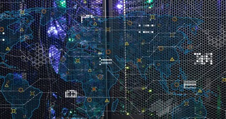 Poster - Animation of world map and data processing against close up of computer server
