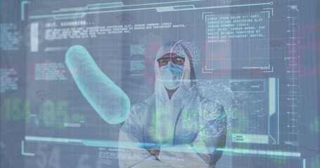 Poster - Animation of scientific data processing over caucasian male doctor in mask and ppe suit