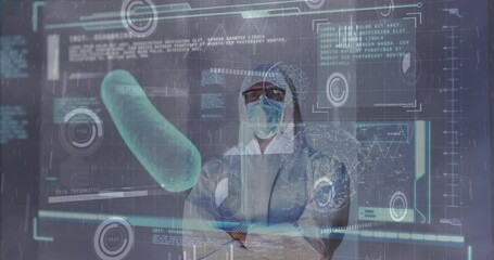 Poster - Animation of scientific data processing over caucasian male doctor in mask and ppe suit