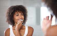 Reflection, Health And Black Woman Brushing Teeth, Cosmetics And Oral Health At Home. Female Person, Model And Girl Cleaning Her Mouth, Mirror And Dental Hygiene With Fresh Breath, Generative AI