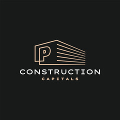 Wall Mural - p letter construction 3d perspective gold outline logo vector icon illustration