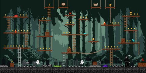 Poster - Night forest and cemetery game level map. Console gaming app level, mobile game vector environment landscape or videogame backdrop. Retro arcade screen with cemetery ghost, gravestone and wooden boxes