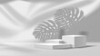 © Vector Tradition - Grey podium mockup. Cosmetics product presentation square stand, studio showroom platform base or showcase mockup scene realistic vector backdrop. Gallery empty space with monstera leaves shadow