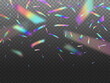 Holographic falling confetti glitters with bokeh light. Vector glittering shower with rainbow iridescent effect. Festive hologram foil cascades down from above isolated on transparent background