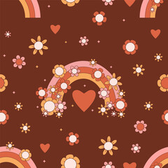 Wall Mural - Retro Groovy seamless pattern. Rainbow with Daisy Flowers on brown background. Vector Illustration for wallpaper, design, textile, packaging, decor.