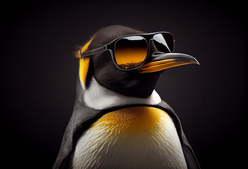 King penguin close up portrait shot in sunglasses