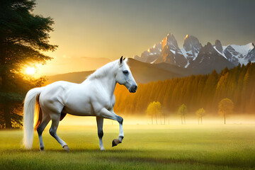 Wall Mural - white horse in the field