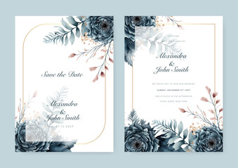 Dark grey wreath leave watercolor wedding invitation template with gold leave.