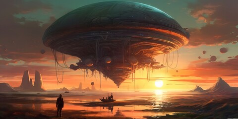 Canvas Print - sunrise in the desert with ufo landed on a desert