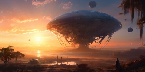 Canvas Print - sunrise in the desert with ufo landed on a desert