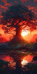 Canvas Print - sunset over the old oak tree