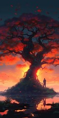 Canvas Print - fire sunset over old oak tree