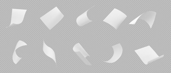 Poster - 3d isolated fly white paper sheet. Fall document page on transparent background in vector. Realistic office paperwork piece set falling down. Bent and curl A4 scatter away on wind mockup clipart