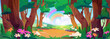 Flower field in spring with rainbow in forest cartoon vector landscape. Green grass hill nature valley park with meadow. Beautiful and cute panoramic flora springtime and sunlight banner backdrop