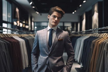 Businessman trying on a suit in a luxury brand shop, Generative AI