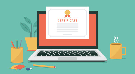 Certificate on laptop computer screen for for e-learning course, webinar and online education concept on top of office desk, vector flat illustration