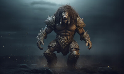 Scary Monster Spartan Soldier with Lion Headed Shouted Very Angry Under a Thunderstorm
