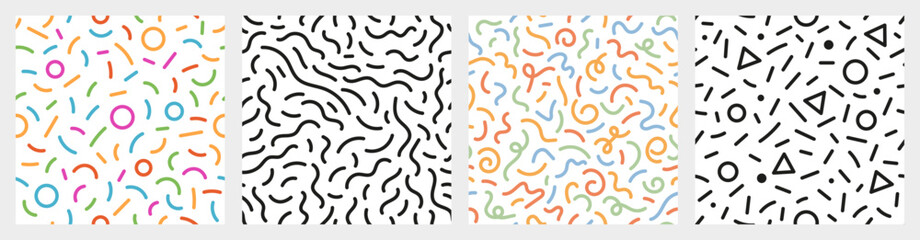 Squiggle seamless patterns set. Color and black hand drawn lines, geometric shapes, wavy texture, simple abstract artistic print. 90s backdrop. Vector illustration.