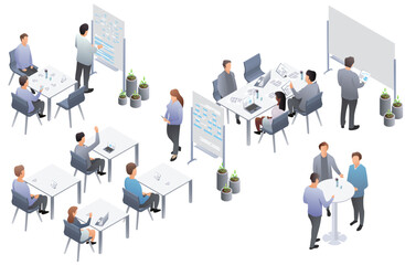 Wall Mural - Business presentation, speech. Teamwork set with business presentation conference coworking workplace brainstorming and discussion isolated. Indicators and coaching. Vector isometric, 3d