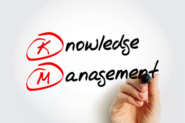 Aufkleber - KM - Knowledge Management is the process of identifying, organizing, storing and disseminating information within an organization, acronym concept background