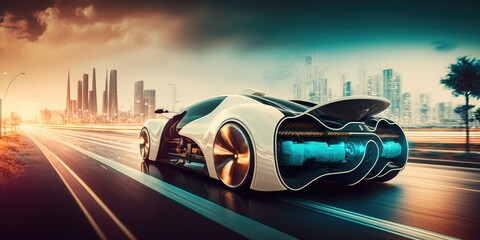 Poster - futuristic electric car, super car driving on city highway road with motion blur. distinct generativ