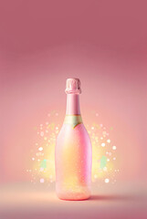 Pastel pink party concept, bottle of bubbly champagne bottle with confetti, crazy summer glitter party. Illustration. Generative AI.