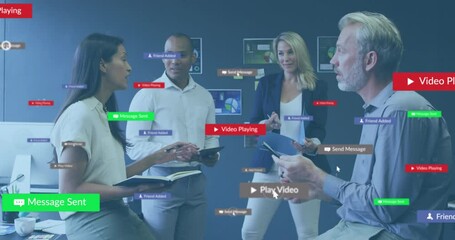 Poster - Animation of social media icons and data processing over diverse business people in office